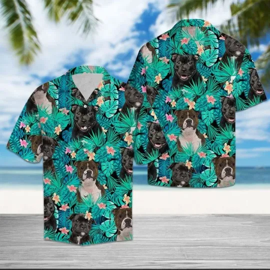 Discover Staffordshire Bull Terrier Tropical Hawaiian Shirt For Men Summer Button Up