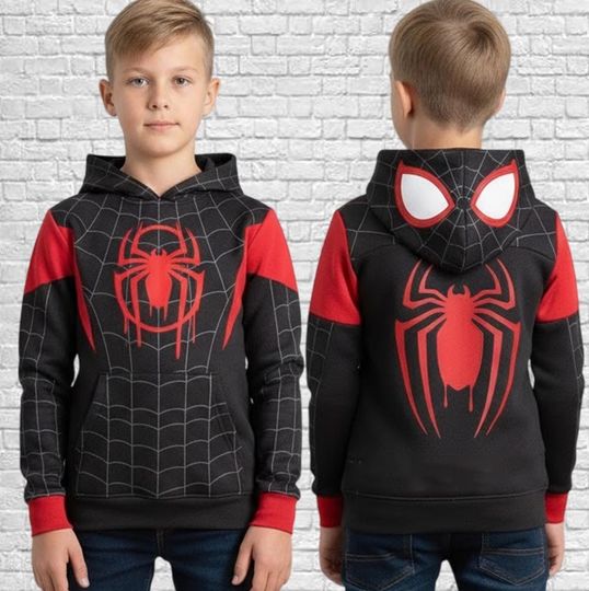 Miles Morales 3D Hooded Cosplay Hoodie for Kids, Halloween Costume, Spiderman Movie Inspired Gift