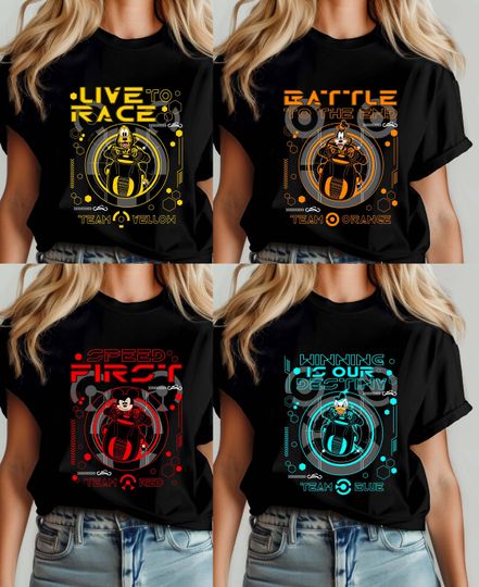 Discover Retro Mickey and Friends Tron Lightcycle Run T-shirt, Classic Disney Characters Racing Bike Tee, Disneyland Family Trip Matching Outfit
