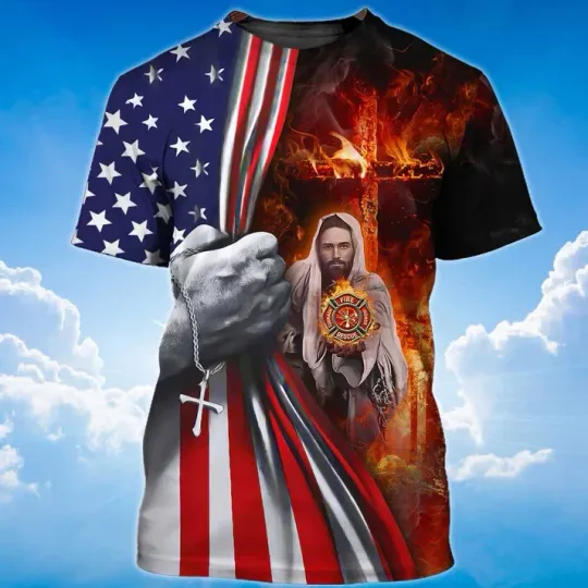 Discover Jesus In The Flames T Shirt Patriot Gift Memorial 3D T-Shirt Full Size S-5XL