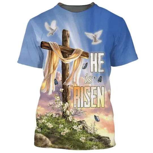 Discover He Is Risen Cross Dove Easter Lily Jesus Christian AOP Shirt 3D T-Shirt S-5XL