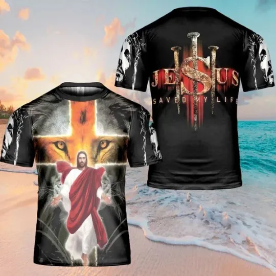Discover Jesus Saved My Life Lion Cross Christian AOP Shirt 3D T-Shirt Full Size S-5XL