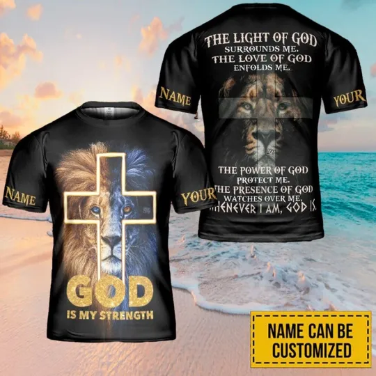 Discover God Is My Strength Customized Name Jesus AOP Shirt Christian 3D shirt Full Size