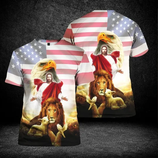 Discover Jesus Lion Eagle US Christian Gift AOP shirt 3D T-Shirt Full Size S-5XL