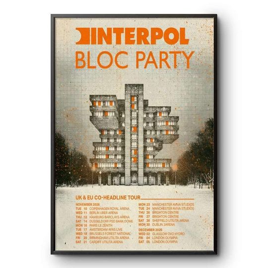 Discover Interpol Bloc Party UK EU Tour 2026 Concert Poster Indie Rock Vertical Print
