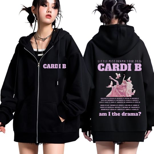 Discover Cardi B Little Miss Drama Tour 2026 Print Zipper Hoodie Men Women Hip-hop Loose Sweatshirt Aesthetic Harajuku Zip Up Jacket Coat