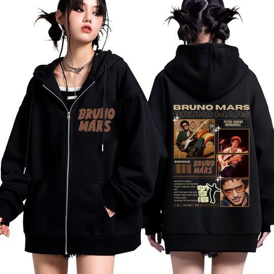 Discover Singer Bruno Mars New Album Tour 2026 Graphics Zipper Hoodie Men Women Harajuku Tracksuit Loose Gothic Punk Zip Up Sweatshirts