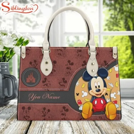 Discover Custom Name Mickey Funny Women Bag Cartoon Leather Handbag