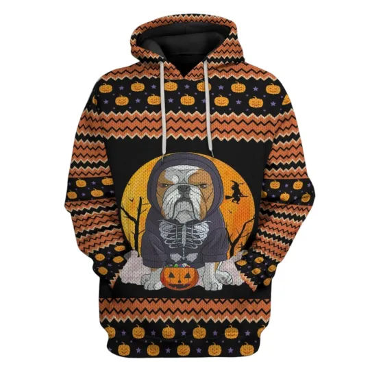 Discover Ugly Sweater Bulldog Halloween 3D Hoodie for Men and Women