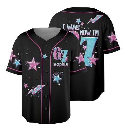 Discover Custom Name I Was 6 Now I'm 7 Baseball Jersey, Funny 7th Birthday Meme, 67 Shirt