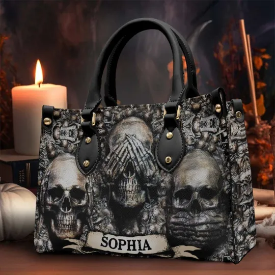 Discover Personalized Three Wise Skulls Leather Handbag, Skeleton Leather Bag Gift