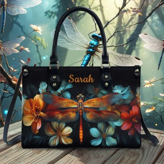 Discover Personalized Dragonfly Flower Leather Handbag, Dragonfly Lovers Leather Handbag