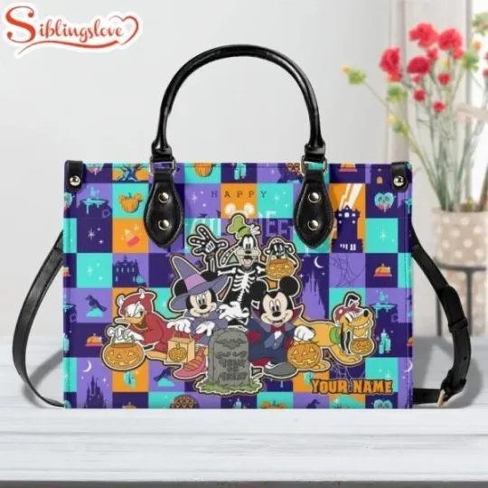 Discover Custom Name Mickey Mouse With Friends Halloween Leather Handbag