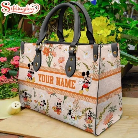 Discover Custom Name Mickey Mouse Flowers Leather Handbag