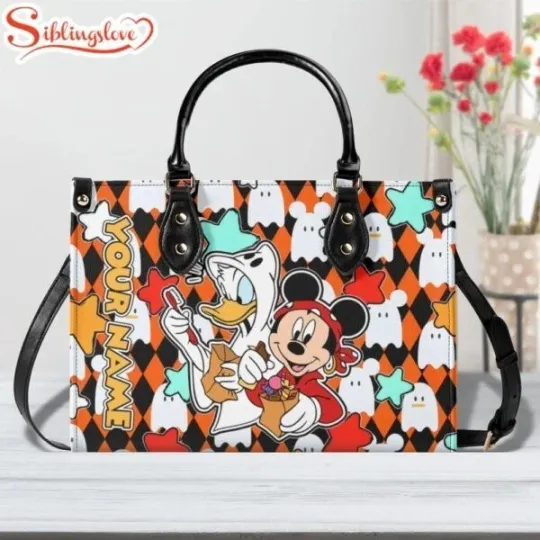 Discover Custom Name Mickey Mouse With Donald Duck Halloween Leather Handbag
