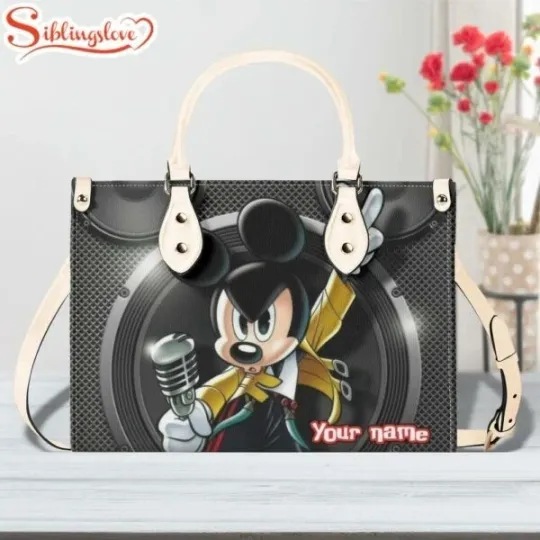 Discover Custom Name Mickey Mouse Sing Leather Handbag