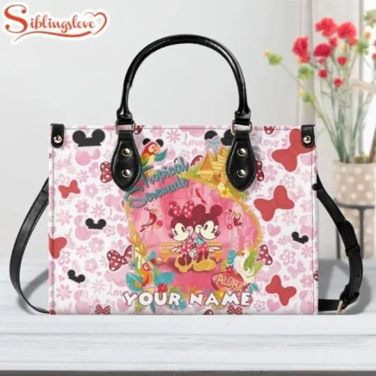 Discover Custom Name Mickey Minnie Mouse Tropical Women Leather Handbag