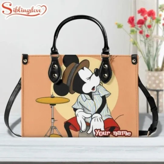 Discover Custom Name Mickey Mouse Playing Musical Instrument Leather Handbag