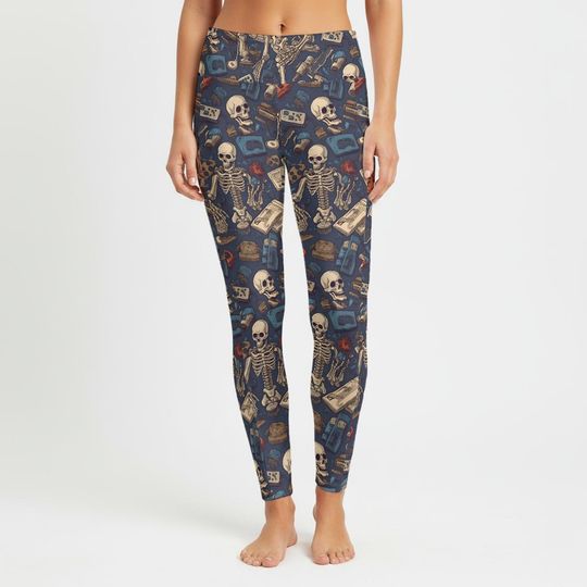 Discover Skeleton Print Leggings: Gothic High Waist Yoga Pants with Pockets