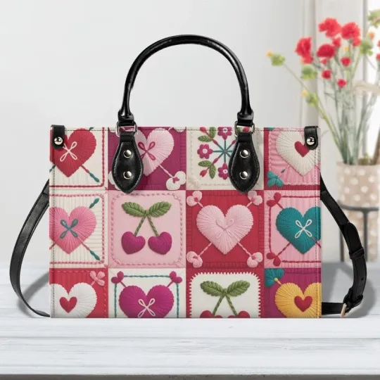 Discover Leather Patchwork Heart Handbag, Quilted Design