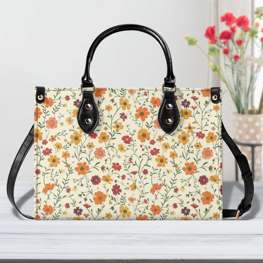 Discover Floral Leather Shoulder Bag with Orange Flowers for Women, Summer Spring Small to Large Vegan Handbag