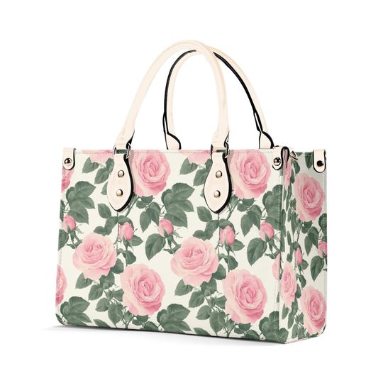 Discover Pink Rose Flower Leather Shoulder Bag, Floral Crossbody Handbag, Vegan Leather Top Handle Tote for Women