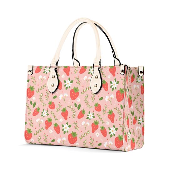 Discover Strawberry Shoulder Purse, Pink Red Summer Fruit Crossbody Vegan Leather Bag for Women