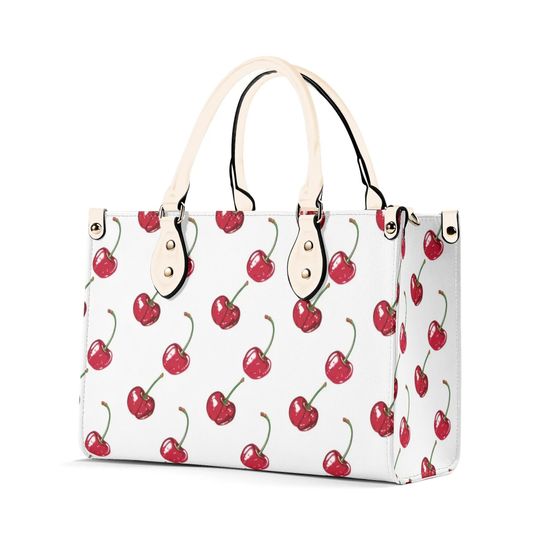 Discover Cherry Leather Shoulder Bag, White Red Fruit Crossbody Handbag, Top Handle Small Lady's Designer Bag