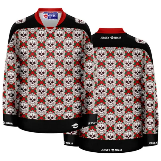 Discover Dia De Los Muertos Skulls & Roses Ugly Sweater Holiday Hockey Jersey
