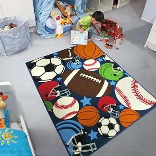 Discover Blue Kids Rug Fun Sport Rugs Nylon Carpet Boys Girls Childrens Rug Balls Prin...