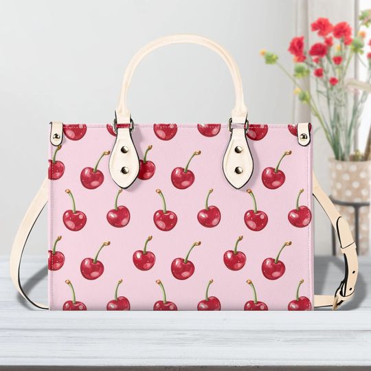 Discover Red Cherry Pink Leather Shoulder Bag with Fruit Print