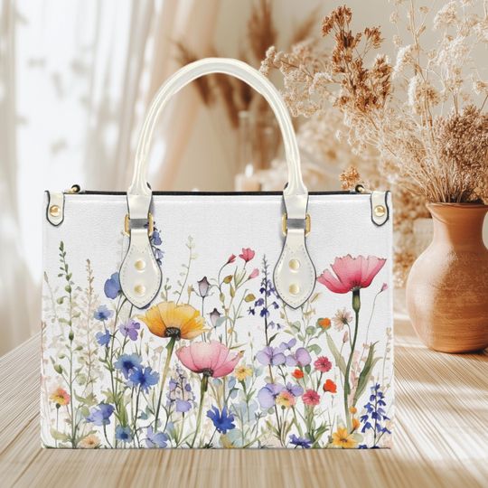 Discover Floral Leather Shoulder Bag Tote with Zipper, Removable Strap, Inside Pockets