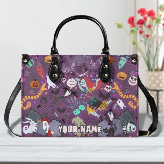 Personalized Jack Skellington Leather Handbag, Halloween Town Lovers Gift Bag