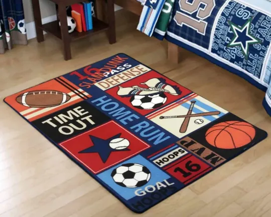 Discover Fun Sport Kids Rugs Nylon Carpet Soccer Baseball Football Basketball with Mul...