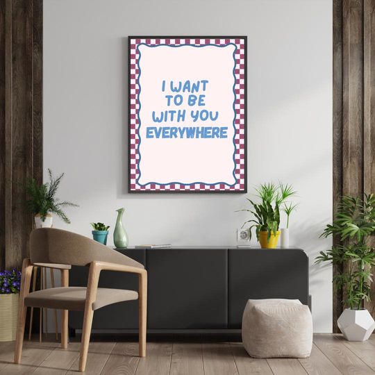 Discover Retro Fleetwood Mac Lyric Print  Cute Pink Checkered I Want To Be With You Everywhere Poster - 70s Wall Art - Indie Boho - Home Decor