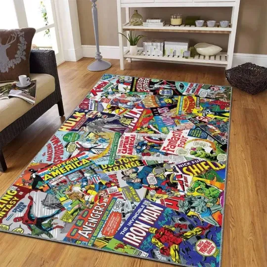 Discover Superhero Cartoon Comics Cover Pattern Rug, Pop Art Mat, Marvel Non-Slip Area Ru
