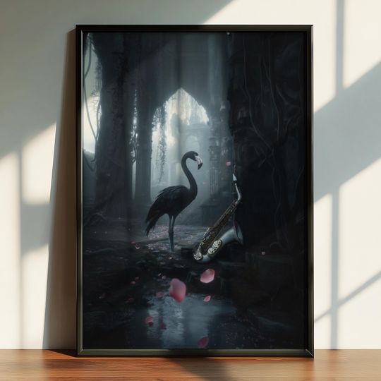 Discover Gothic Fantasy Black Flamingo with Jazz Trumpet Poster, Arcadia WorldInspired Poster, Metal Music Poster, Printable Digital Poster