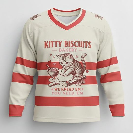Discover Funny Kitty Biscuits Bakery Hockey Jersey for Men, Cat Owner Gift, Humorous Bakery Cat Shirt