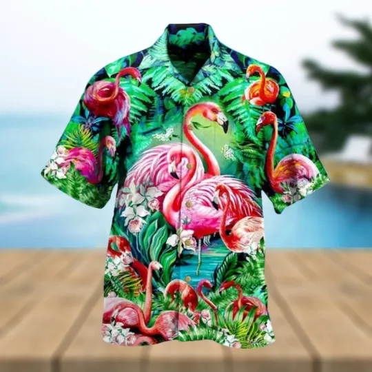 Discover Tropical Flamingo Hawaiian Shirt Palm Leaves Pattern Gift For Beach Trip