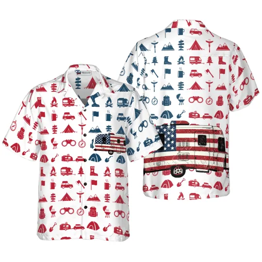 Discover Camping Hawaiian Shirt For Summer Campervan American Flag Colorful Shirt For Men