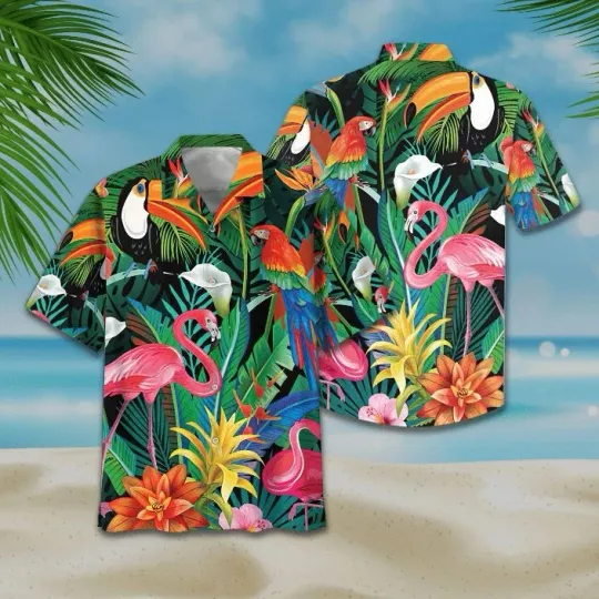 Discover Flamingo And Parrot Tropical Flowers Print Hawaiian Shirt