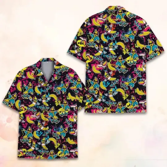 Discover Banana Skateboard Hawaiian Shirt Graffiti Cartoon Print Matching Outfit AdultKid
