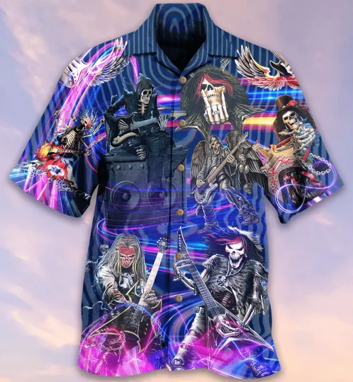 Discover Guitar Skull Music Skull Crazy Purple Aloha Hawaiian Shirt For Summer Guitar Ha