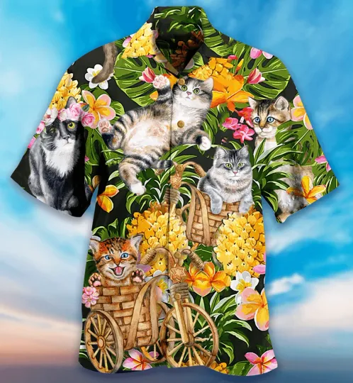 Discover Cat Hawaiian Shirt For Summer Cat Tropical Floral Hawaiian Shirts Outfit For Men