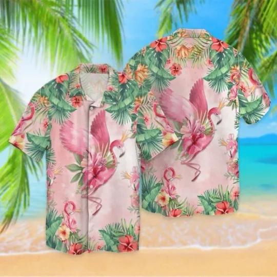 Discover Flamingo Bird With Flowers Hawaiian Shirt