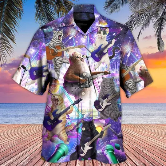 Discover Guitar Cat Aloha Hawaiian Shirt For Summer Guitar Music Cat Playing Guitar And G