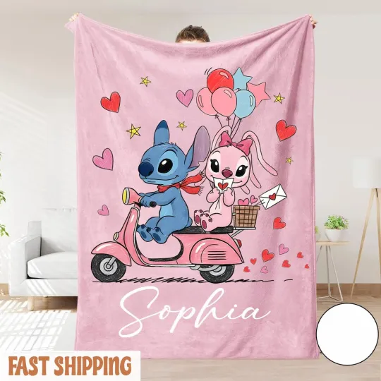 Personalized Stitch & Angel Couple Trip Disney Fleece Blanket