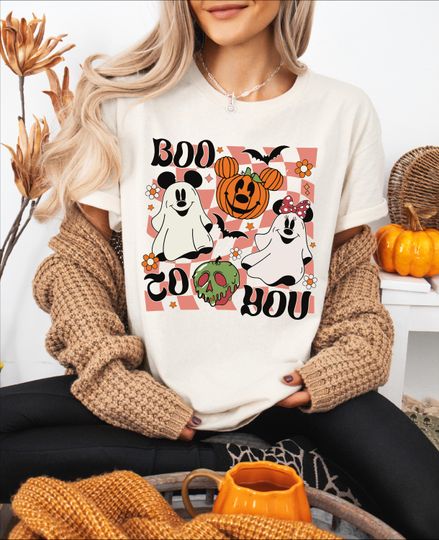 Discover Boo To You Mickey Minnie Ghost Shirt, Groovy Disney World Spooky Season