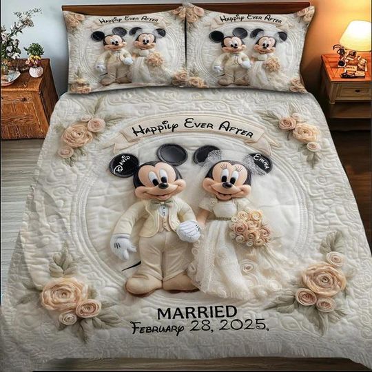 Discover Personalized Married Couple Quilt Set, Happily Ever After Quilted Set, Love Anniversary Mouse Pillow Duvet Cover Gift ipatudsn20531
