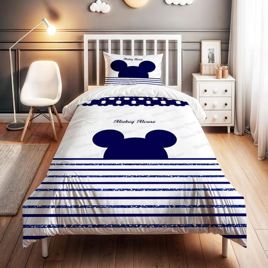 Navy Blue Mickey Mouse Patterned Bedding Set - Personalized Name, Kids Duvet Cover Set, Children's Room Decor
